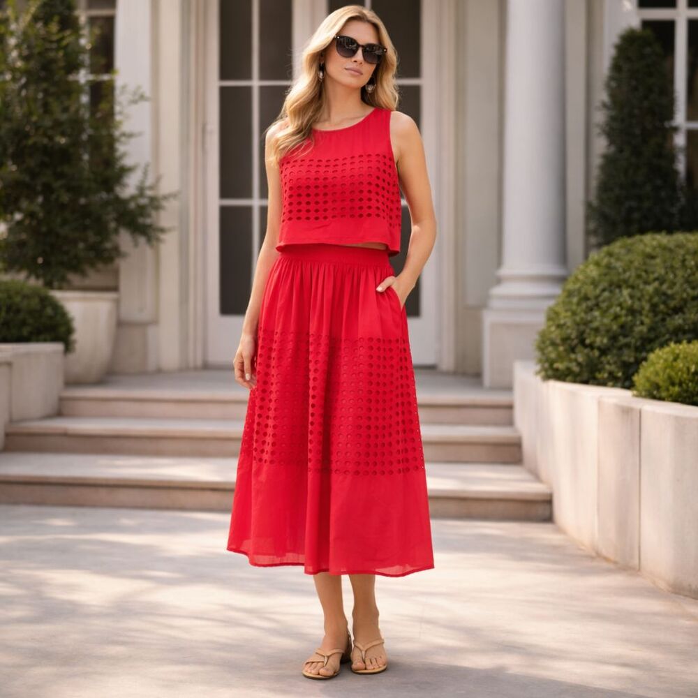 JENNIFER & GRACE New Eyelet Two Piece Set Coral Sleeveless Top Skirt CT7015M XL